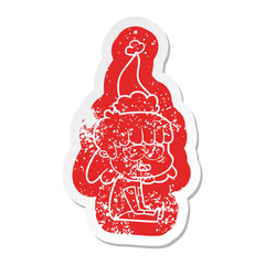 cartoon distressed sticker of a tired woman wearing santa hat