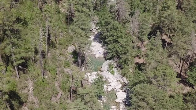 Aerial footage of people relaxing and bathing in the restonica valley