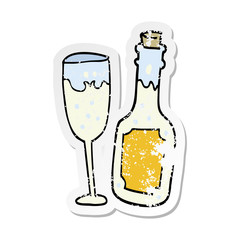distressed sticker of a cartoon champagne bottle and glass