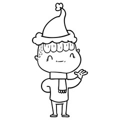 line drawing of a friendly boy wearing santa hat