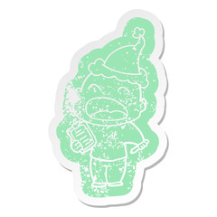 cartoon distressed sticker of a shouting bald man wearing santa hat