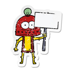 distressed sticker of a happy carton robot with light bulb