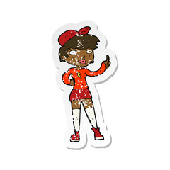 retro distressed sticker of a cartoon skater girl giving thumbs up symbol