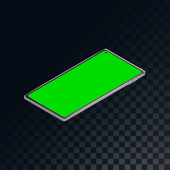 Mobile isometric phone, smart phone with a green screen on a translucent dark squared gray background of squares. Vector illustration