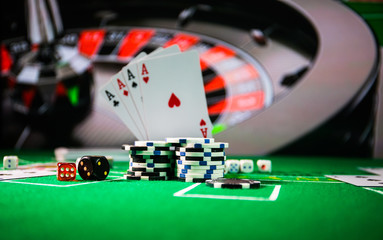 Casino element isolation on the colorful, Slot machine, Roulette while, Dice, Casino chip - image