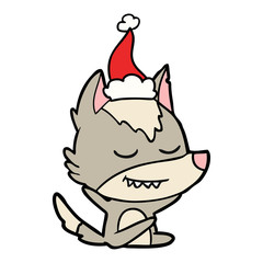 friendly line drawing of a wolf sitting wearing santa hat