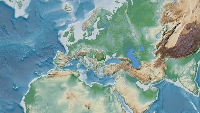 Romania area presented against the global physical map in the Fahey projection with animated oblique transformation