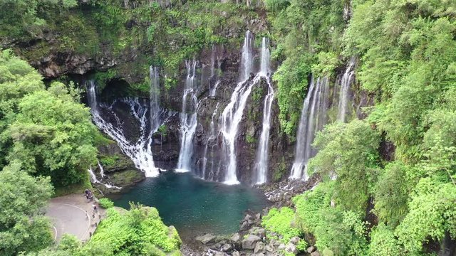 Aerial flight towards the Grand Galet Falls, Cascade Langevin on the island of R&eacute;union