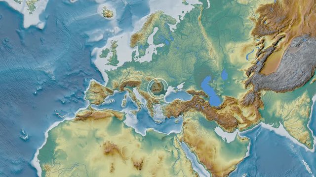 Romania area presented against the global relief map in the Fahey projection with animated oblique transformation