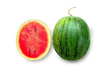 Whole and slice of ripe watermelon isolated on white background, top view, with clipping path - Image