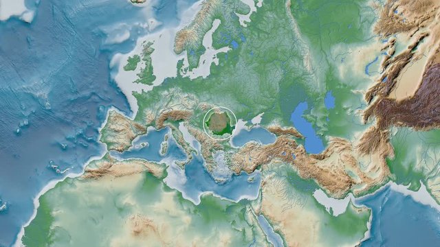 Romania area presented against the global physical map in the Kavrayskiy VII projection with animated oblique transformation