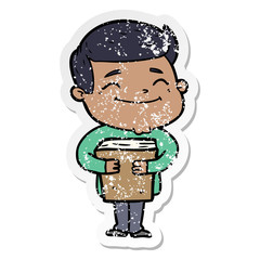 distressed sticker of a happy cartoon man holding book