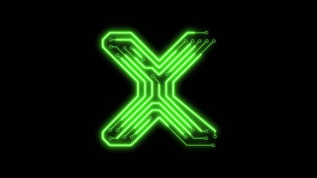 Animated green neon glowing alphabet letter X as circuit board style