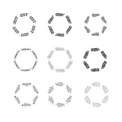 Set of 9 floral round frames. Hand drawn wreaths with leaves isolated on white.  Easy to edit vector elements of design for wedding invitations, logo, greeting cards.