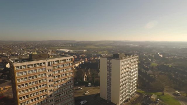 Aerial Footage View Of High Rise Tower Blocks, Flats Built In The City Of Stoke On Trent To Accommodate The Increasing Population, Council Housing Crisis, Immigration Housing,