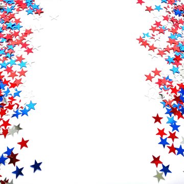 Red white blue shiny confetti stars on white background, isolate, tricolor concept, independence and freedom day USA