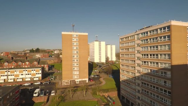 Aerial Footage View Of High Rise Tower Blocks, Flats Built In The City Of Stoke On Trent To Accommodate The Increasing Population, Council Housing Crisis, Immigration Housing,