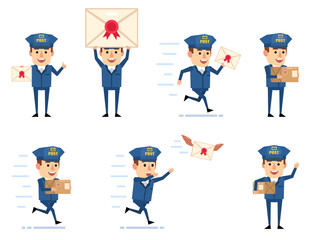 Set of funny postman characters showing diverse actions. Cheerful postman holding letter, package, running and doing other actions. Flat design vector illustration