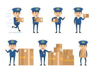 Set of postman characters with parcel box showing diverse actions. Funny postman holding parcel, running and showing other actions. Flat design vector illustration