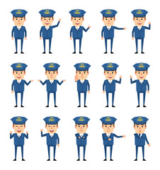Set of postman characters showing diverse hand gestures. Funny mailman pointing, greeting, showing thumb up, victory, stop hand and other gestures. Flat design vector illustration