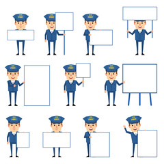 Set of postman characters posing with various blank signboards. Funny mailman holding banner, paper, placard, pointing to whiteboard. Flat design vector illustration