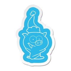 cheerful sitting pig cartoon  sticker of a wearing santa hat