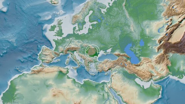 Romania area presented against the global physical map in the Patterson Cylindrical projection with animated oblique transformation
