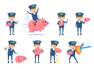 Set of cheerful mailman characters posing with piggy bank. Funny postman breaking piggy bank, saving money, riding big pig and showing other actions. Flat style vector illustration