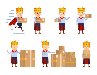 Set of medieval prince characters posing with parcel box in different situations. Young king holding package, running and showing other actions. Flat style vector illustration