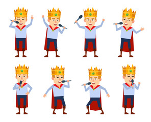 Set of young king characters with microphone showing different actions. Cheerful medieval prince singing. Flat style vector illustration