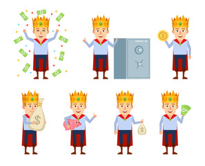 Set of young king characters posing with money in different situations. Cheerful medieval prince holding money bag, piggy bank, coin and showing other actions. Flat style vector illustration