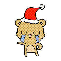 crying comic book style illustration of a bear wearing santa hat