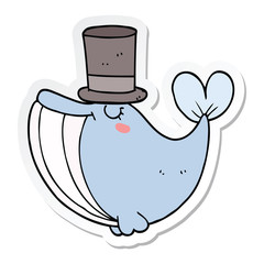 sticker of a cartoon whale with top hat
