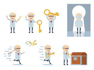 Set of old professor characters with big key posing in various situations. Cheerful scientist holding key, running and showing other actions. Flat design vector illustration