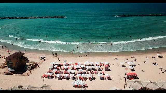 Areal shot of Tel aviv Beach in Israel mid day.