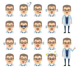 Set of professor emoticons showing various facial expressions. Happy, sad, angry, laugh, surprised, tired, in love and other emotions. Flat design vector illustration
