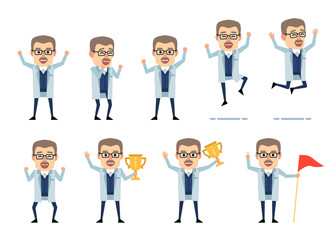 Set of old professor characters showing various success poses. Cheerful scientist celebrating, jumping, holding winners cup and showing other actions. Flat design vector illustration