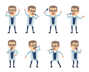 Set of old professor characters with microphone showing various actions. Cheerful scientist singing. Flat design vector illustration