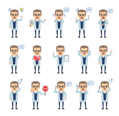 Set of old professor characters showing various actions. Cheerful professor talking on phone, reading book, holding stop sign and showing other actions. Flat design vector illustration