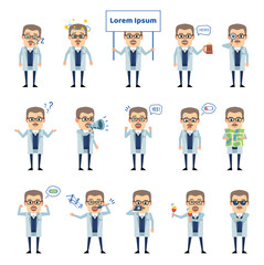 Set of old professor characters showing various actions. Cheerful professor holding map, signboard, singing and showing other actions. Flat design vector illustration