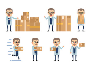 Set of old professor characters with parcel box posing in various situations. Cheerful scientist holding parcel box, running and showing other actions. Flat design vector illustration