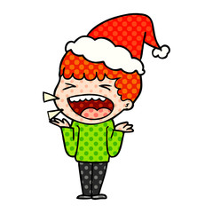 comic book style illustration of a laughing man wearing santa hat