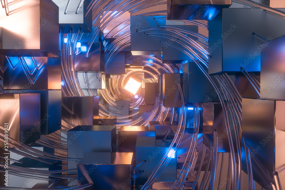Poster purple cubes vortex, 3d rendering