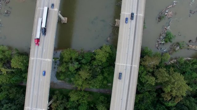 Aerial shot over a interstate 95 overpass and the Rappahannock river in Virginia