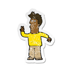 retro distressed sticker of a cartoon man giving peace sign