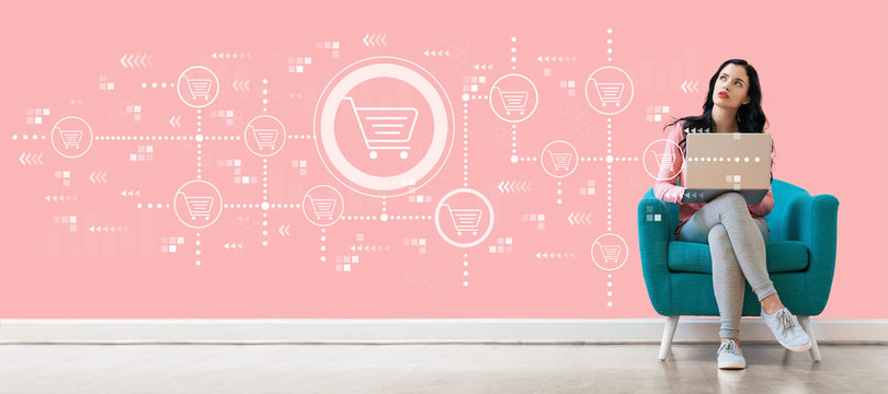 Online shopping theme with young woman using a laptop computer 