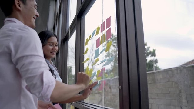 business teamwork in meeting collecting some idea and stick it on the glass window