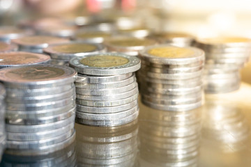 Thai baht coins  , stack of coins on white background