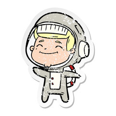 distressed sticker of a happy cartoon astronaut