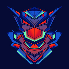 Illustration of a robot head with a beautiful combination of bright blue and red with an ornament